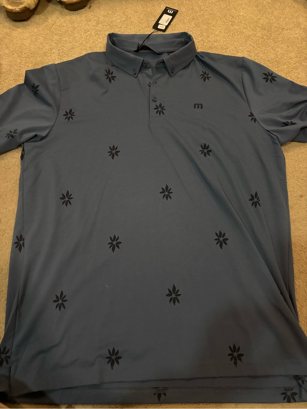 BRAND NEW! Travis Mathew Slate Blue Polo with Black Floral Motif